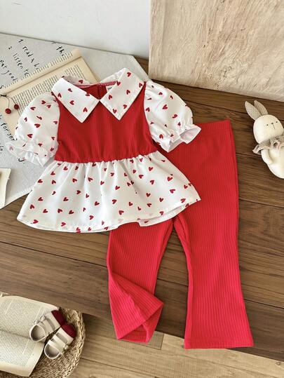 SHEIN Set de 2 piezas de top de manga corta con cuello polo y pantalones con patrón de corazón lindo y versátil para niñas pequeñas, adecuado para primavera/verano, hogar, exterior, vacaciones, fiesta, uso diario