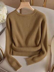 Franclia 优雅圆领针织T恤，简约时尚针织上衣，秋冬款 - 棕色 - 查看 2