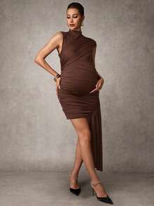 MaterniChic Vestido de maternidad elegante para fiesta de unicolor con drapeado ajustado y bajo asimétrico - Marrón - Ver 7