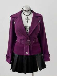 Sunspun Plus Size Solid Color Ribbed Waist Turndown Collar Button Decor Belt Short Jacket, Long Sleeve - Purple - View 6