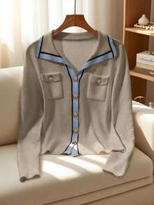 Franclia New Autumn Slim Fit V-Neck Contrast Color Elegant Cardigan For Women - Khaki - View 5
