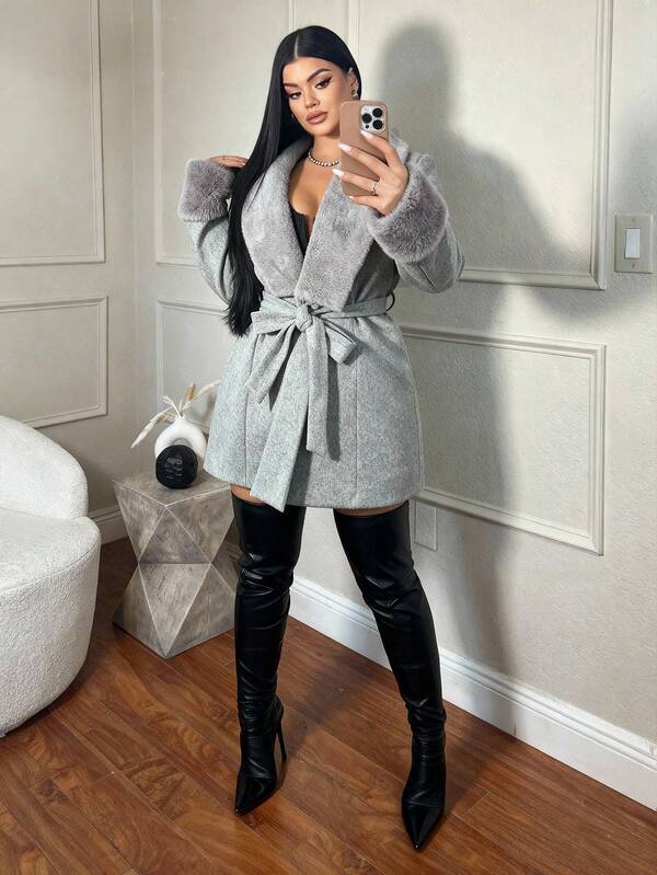 SHEIN SXY Plus Size Women's Casual Gray Fuzzy Patchwork Wool Blend Jacket, Suitable For Autumn/Winter