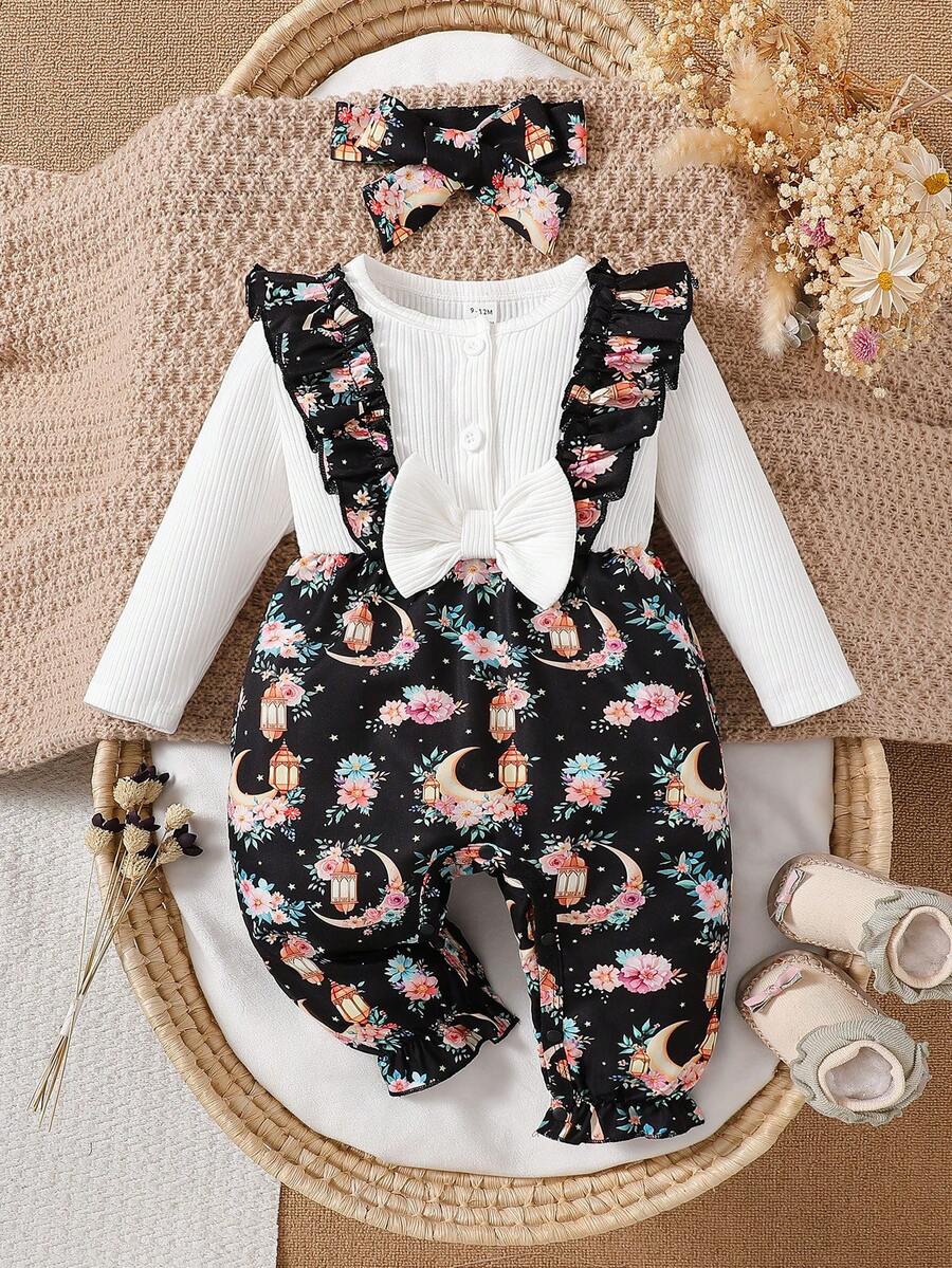 SHEIN Bộ 2 bộ đồ liền thân và băng đô trang trí nơ thanh lịch giản dị cho bé gái - màu đen - Xem 1