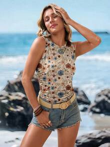 Sylviya Damen Retro Blumenmuster Rundhals bequem anliegendes Top/Trägerhemd, geeignet für den Sommer und Ausgehen