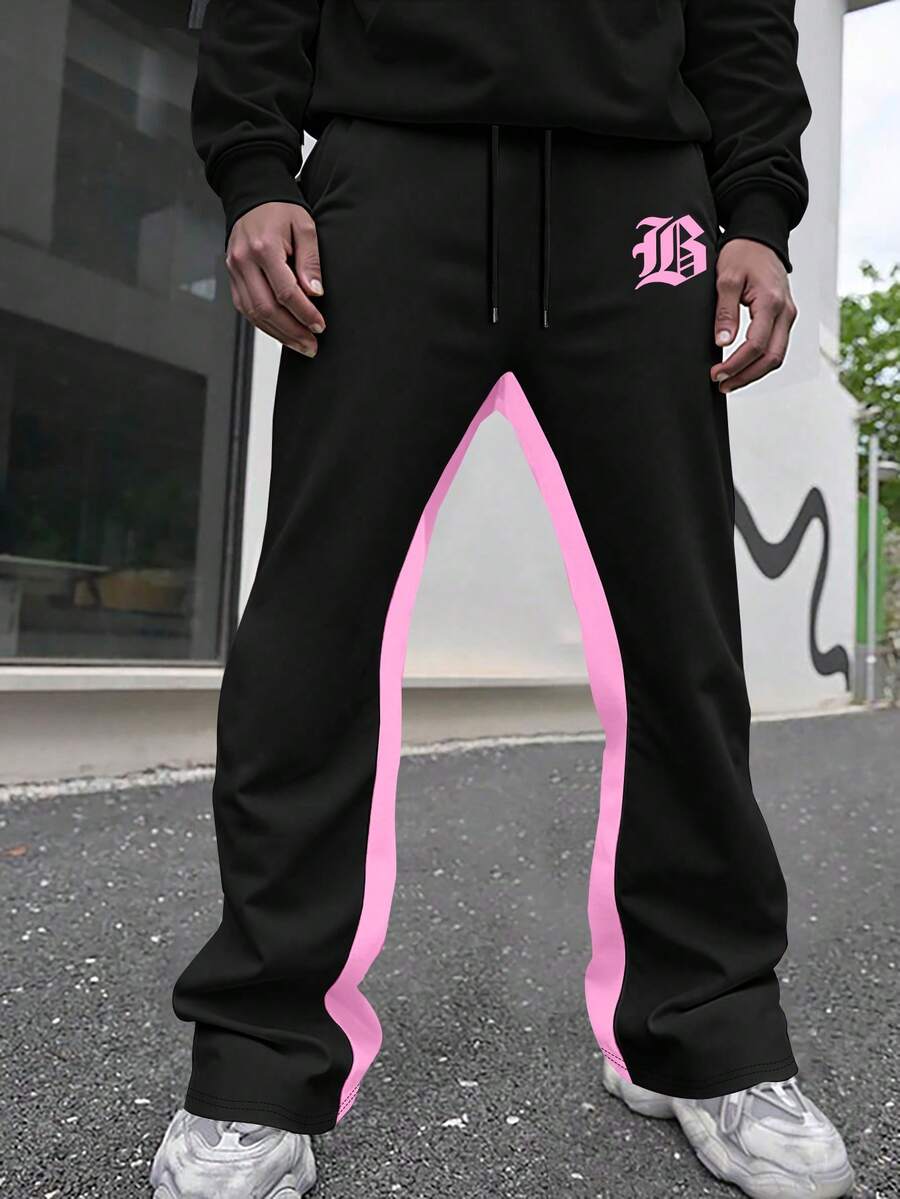 Manfinity EMRG 男士字母印花撞色抽绳腰休闲运动裤，Y2K健身裤 - 彩色 - 查看 1