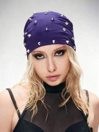 Grunge Punk 1 pezzo Berretto stile punk leggero decorato con borchie, cappello pieghevole nero tinta unita di alta qualità in stile vintage Y2K, alla moda per uso quotidiano in tutte le stagioni