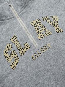 SHEIN Explorewe Ensemble coordonné pour jeunes filles avec sweat-shirt à capuche zippé "Chillgrl" et pantalon skinny, sweat-shirt en polaire ample avec imprimé léopard et lettres, leggings ajustés, tenue de rue décontractée - Gris - Voir 5