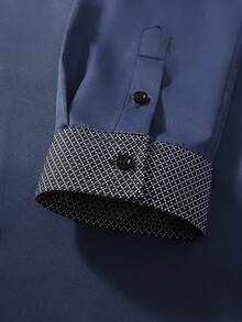 Manfinity Mode Plus Size Men's Patchwork Plaid Cuff Single-Breasted Casual Commuter Shirt - Navy Blue - View 5