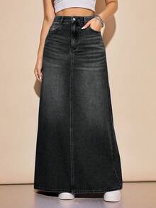 SHEIN Privé Damkjol med hög midja och fickor, extra lång A-linjeformad denimkjol - Svart - Visa 5