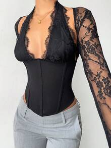 Aloruh Women's New Romantic Elegant Alluring Sexy Lace Patchwork Tight Hollow Out Long Sleeve Blouse, Suitable For Date, Party, Outing,Black Top - Black - View 9