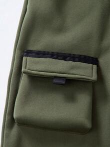 SHEIN Vacaura Bộ 2 món áo hoodie nỉ dáng rộng màu trơn hở vai phong cách đường phố giản dị cho bé trai tuổi mới lớn và quần túi hộp, mùa thu/đông - xanh quân đội - Xem 7