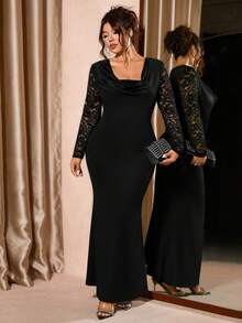 Cravure Vestido de mujer talla grande con cuello drapeado de encaje en contraste y cintura fruncida, elegante, digno, generoso, adecuado para banquetes, vacaciones, fiestas sexys, vestido romántico, vestido de noche - Negro - Ver 6
