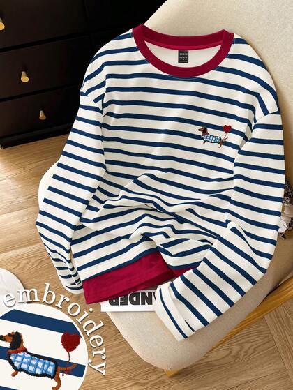 Resyla Women's Casual Crew Neck Long Sleeve Sweatshirt With Dachshund Dog Embroidery And Stripes