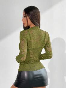 EgrlEra Women's Lace Elastic Peony Floral Sheer Sexy Blouse (Random Cut) - Olive Green - View 2