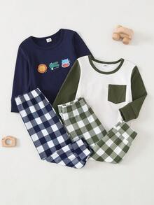 Baby Boys Pajamas-Pajama Set Crew Neck Top And Pants Navy And Olive Check Animal Print Four Season 2026 New Year Essential Boys Outfit Sets Versatile And Comfortable Warm And Cute Style - Multicolor - View 6