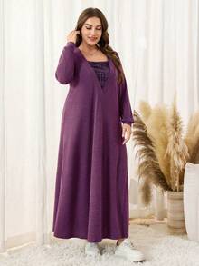 Lacomfia Váy mặc nhà thường ngày kẻ caro chắp vá cỡ lớn dành cho nữ, Thu/Đông - Màu tím - Xem 4