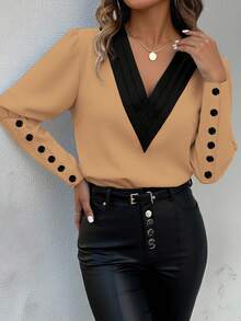 Xyvia Áo cánh chắp vá cổ chữ V tay loe cho nữ - Nhiều màu - Xem 4