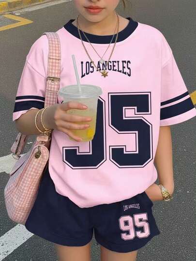2pcs/Set Tween Girls' Casual Navy Blue & Pink Graphic 95 Number Short Sleeve Round Neck T-Shirt And Shorts Set, Suitable For Summer, Autumn Outfits For, Easy Comfort, Autumn Layers For Kids, Stylish Kids, Casual Wear, Kids Graphic Clothes, Back To School, Fall Clothes, Homecoming, Suitable For Outdoor Picnic, Street Photography, Home, And Campus