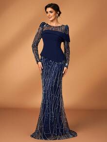 Serin Elegant Luxurious Navy Blue Beaded Puff Sleeve Sequin Floral Splice Stretchy Knit Mermaid Skirt, Suitable For Weddings, Parties, Vacations, Galas, Holidays, Mother Of The Bride Evening Gowns - Navy Blue - View 9