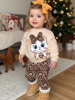 Conjunto informal de niña pequeña con diseño de gato de dibujos animados lindo y divertido, sudadera de cuello redondo de punto suave y grueso con estampado de leopardo retro y leggings, adecuado para otoño/invierno, Día de San Valentín, Día de la Madre, Día del Padre, salidas