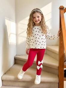 SHEIN 2pcs/Set Young Girl' Casual Raglan Sleeve Cherry Print Top And Leggings, With Ruffle Hem And Heart Print, Versatile Casual Suit For Young Girls - Red - View 1