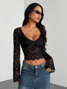 SHEIN PETITE 女士纯色V领长袖修身休闲衬衫，适合休闲度假穿着 - 黑色 - 查看 4