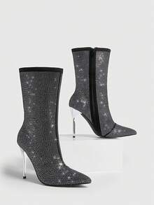 女性水鑽裝飾細跟一腳蹬彈力靴,魅力四射黑色時尚靴子