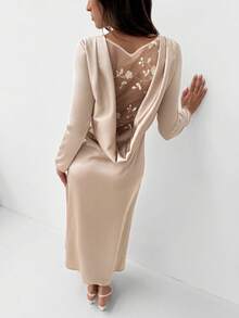 Aloruh Apricot Backless Textured Splice Plunging Neck Long Sleeve Bodycon Dress, Suitable For Parties, Balls, Winter, Valentine's Day, New Year,Winter Dresses,Valentine Outfits For Women ,New Year Dress,Elegant Dresses For Women - Apricot - View 6