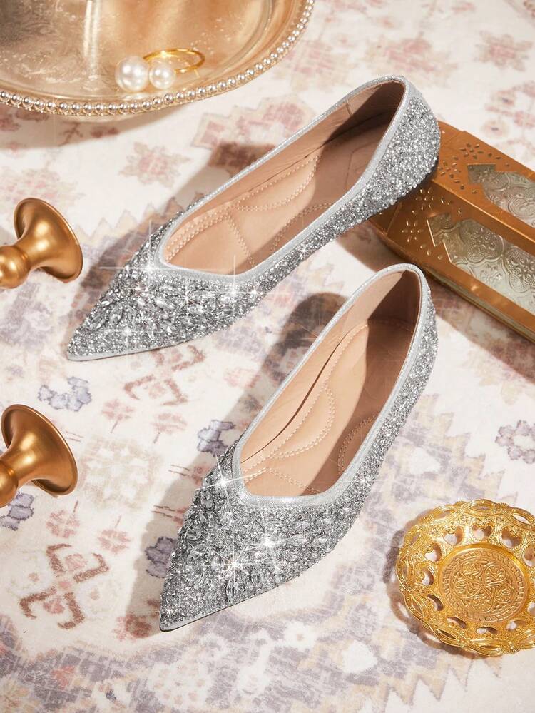 CUCCOO TILAWA Women's Fashionable Pointed Toe Silver Rhinestone Embellished Comfortable Versatile Flat Shoes For Christmas