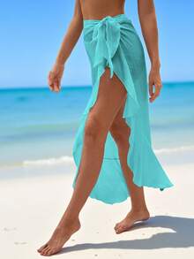 Swim Vcay Solid Color Ruffled Hem Sheer Sexy Summer Beach Cover-Up - Mint Blue - View 4