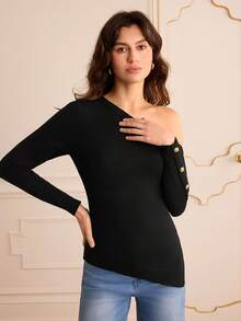 Lilora Sweater Pullover Wanita Slim Fit dengan Bahu Asimetris Seksi Terbaru, Musim Gugur/Dingin - Hitam - View 5