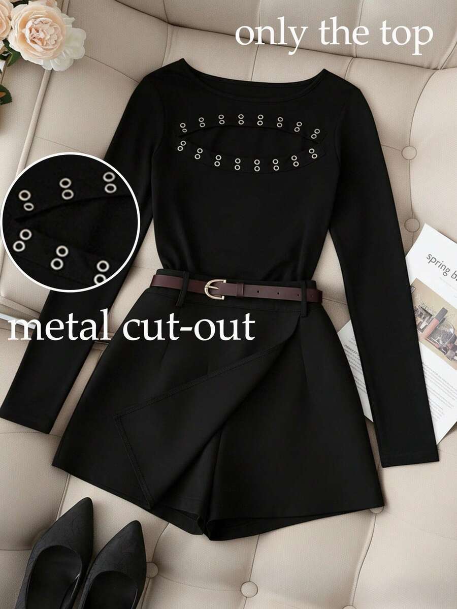 Franclia Women's Elegant Casual Commuter Wear Y2K Sweet And Cool Country Music Festival Cutout Metal Eyelet Ribbon Decoration Chest Top Black Eye-Catching Decoration Asymmetrical Design Long Sleeve Solid Color Slim Knit T-Shirt Top Can Be Worn As A Base Layer Or On Its Own. - Black - View 1