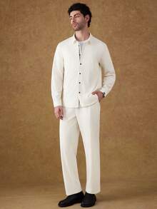 Core Aspect Men's Off-White Autumn Casual Vacation Shirt And Pants Set,Solid Color Textured Fabric Regular Style Lapel Long-Sleeved Button Shirt,Urban Commuting - Beige - View 7