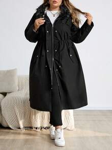 SHEIN CURVE+ Plus Size Women's Long Hooded  Thermal Lined Winter Coat - Black - View 8