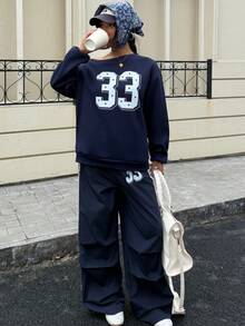 SHEIN ChillGRL 2pcs/Set Teen Girl Asymmetrical Shoulder Printed Long Sleeve Sweatshirt And Colorblock Printed Jogger Pants Set Fall Winter, Fleece-Lined, Keep Warm - Multicolor - View 3