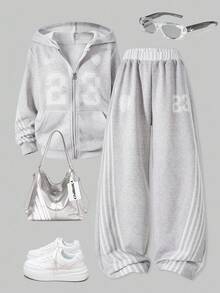 SHEIN ChillGRL 2pcs Girls Casual Outfit: Hooded Long Sleeve Jacket With Printed & Striped Sleeves, Paired With Loose Straight Leg Pants, Suitable For Leisure & Sports - Light Grey - View 4