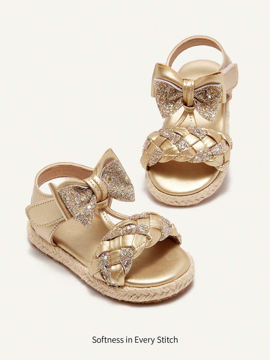 Cozy Pixies 1双可爱女童金色蝴蝶结百搭休闲时尚软底平底凉鞋，夏季 - 金色 - 查看 1
