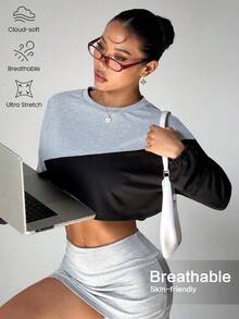 Gameset SHEIN Sport Color Block Round Neck Long Sleeve Cropped Loose Fit Fashionable Versatile Sporty Sweatshirt - Multicolor - View 2