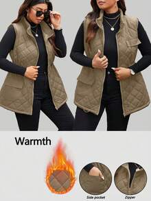 Calvaya Plus Size Women Drawstring Waist Cargo Pocket Casual Quilted Vest Jacket, Winter Clothes Fall Clothes, For Christmas - Mocha Brown - View 2