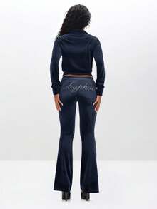 BABYPHAT Low Rise Velour Flare Sweatpants With Rhinestone Embellishments Drawstring Waist Comfort Lounge Pants - Blue - View 5