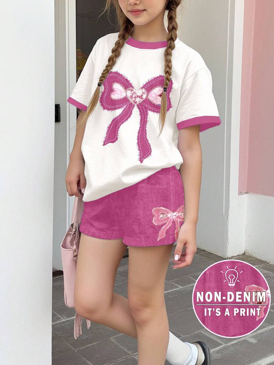 两件套少女休闲蕾丝拼接蝴蝶结图案短袖圆领T恤和短裤套装,清凉夏日 - 彩色 - 查看 1