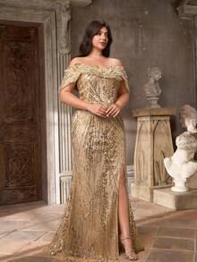 Glamrae Váy trễ vai sang trọng thanh lịch cỡ lớn có viền đính sequin, váy đuôi cá xẻ tà có đuôi, phù hợp cho đám cưới, tiệc tùng, sự kiện độc thân, kỳ nghỉ, dạ hội, dịp trang trọng (được tô điểm nhiều), váy dự tiệc cưới, váy dạ hội - Rượu sâm banh - Xem 7