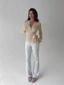 FavEase Áo khoác cardigan nữ thời trang màu trơn, đa năng, buộc dây chéo phía trước, thu/đông - Màu Khaki - Xem 6