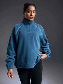 Powerista 女士插肩袖拉链半开襟保暖加厚卫衣，秋冬蓝色运动服 - 藍色 - 查看 4