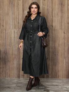 EMERY ROSE 大码女士优雅系带牛仔连衣裙