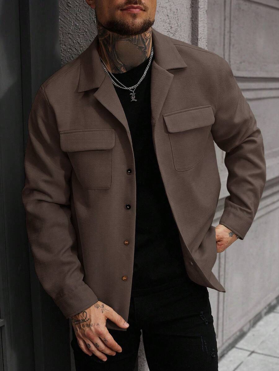 Manfinity Homme 男士纯色时尚简约前扣翻领衬衫式夹克棕色纽扣男士摩卡色飞行员夹克男士衬衫式夹克男士休闲夹克 - 咖啡棕 - 查看 1