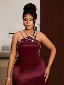 Maweii Đầm dự tiệc mùa xuân/thu cỡ lớn dành cho nữ, đầm dự đám cưới, dây mảnh không gọng, chất liệu satin sang trọng, đính đá lấp lánh, màu đỏ bóng. - Màu Đỏ Sâu - Xem 7