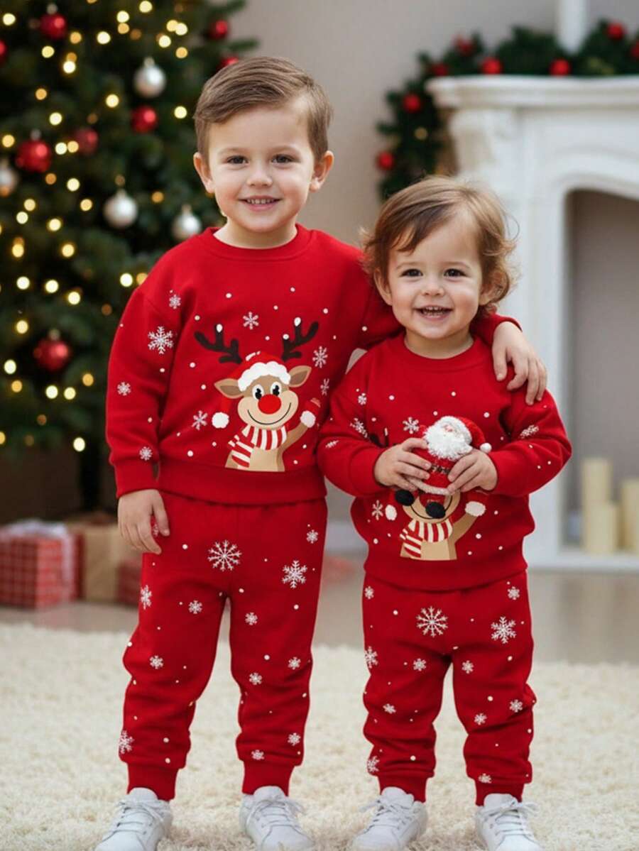 SHEIN 2 Stücke/Set Jungen Lässig Warm & Bequem Klassisch Weihnachten, Stern Weihnachtsbaum, Weihnachtsbär, Weihnachtsren Muster Loose Fit Sweatshirt und Hose Set, geeignet für den Sommer