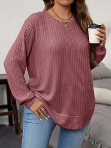 EMERY ROSE Plus Size Solid Color Ribbed Knit Top,Autumn Winter Long Sleeve T-Shirt For Women,Casual Sweater,Dusty Pink,Smart Casual,Everyday - Dusty Pink - View 1
