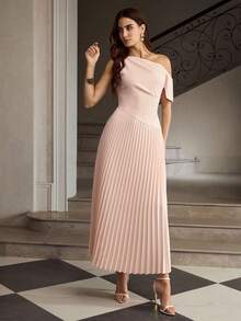 ZEYLAH Vestido plisado de hombro elegante para oficina de mujer - Rosa - Ver 5